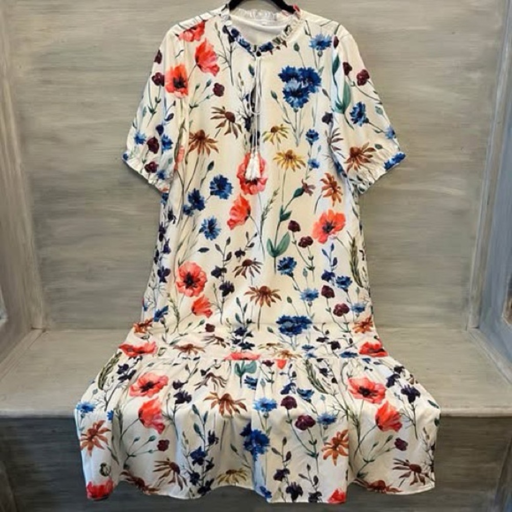 White‎ Multicolor Flower Print Lightweight Flowy Maxi Dress Size 2XL GC